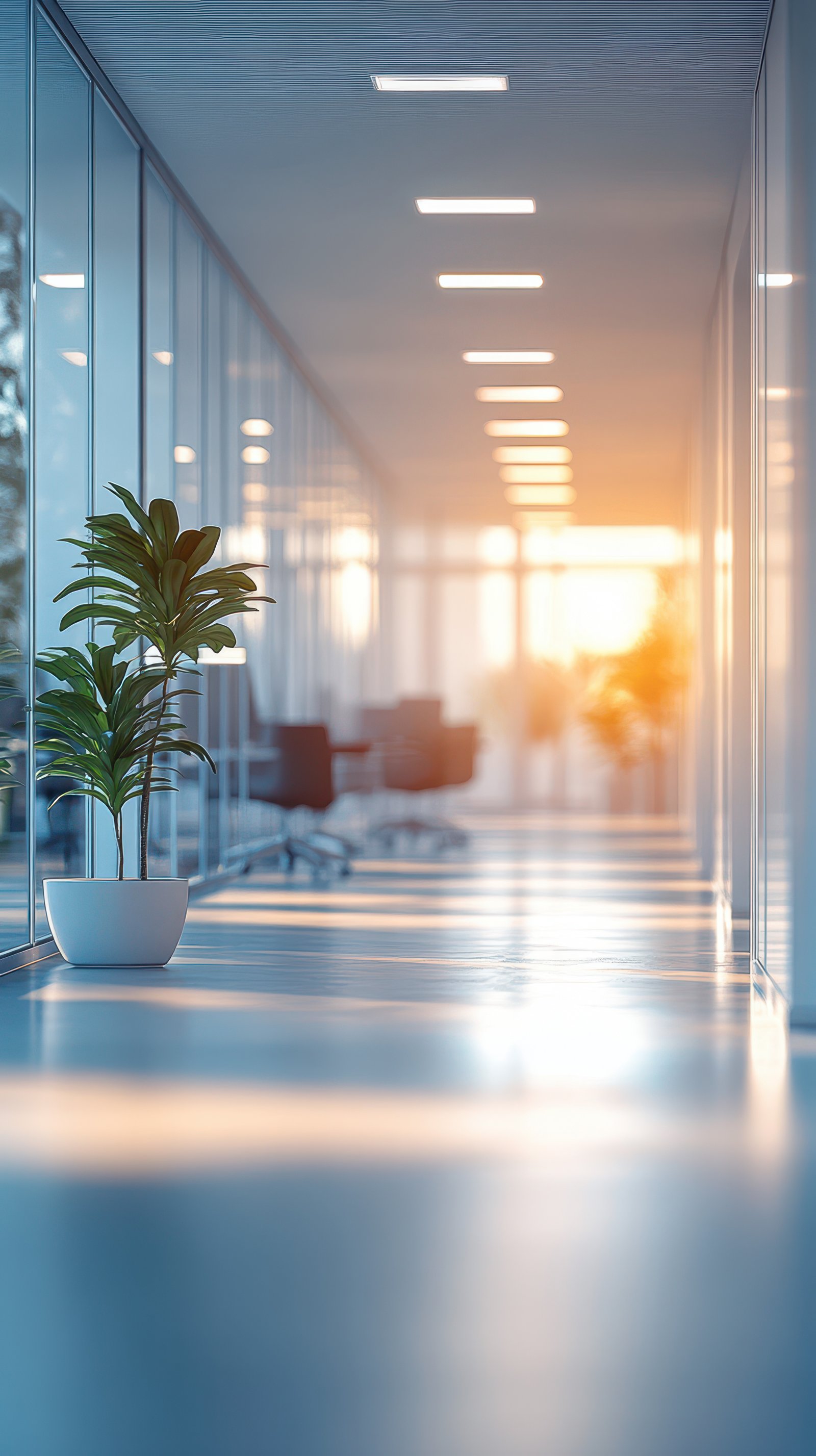 Long modern office hallway during sunset with a green plant near the window